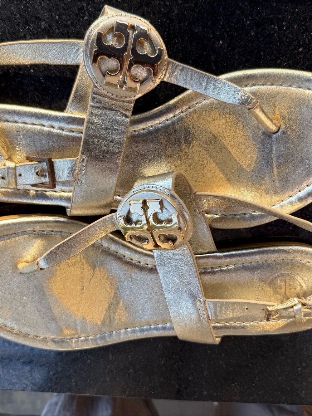 Tory Burch Gold Leather Logo Thong Sandals